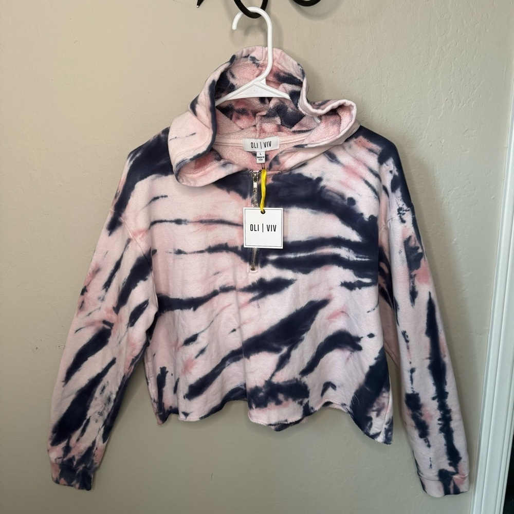 NWT OLI VIV Corey Tie Dye Quarter Zip Crop Hoodie Mauve Navy Cotton Loungewear L - Picture 7 of 16